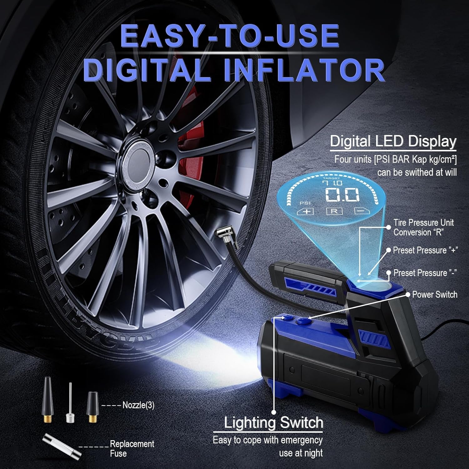 Tire Inflator Portable Air Compressor for Car Tires - Car Accessories, 12V DC Air Pump with Digital Tire Pressure Gauge, Max 150PSI with Emergency LED Lights for Car, Camper, RV, Truck