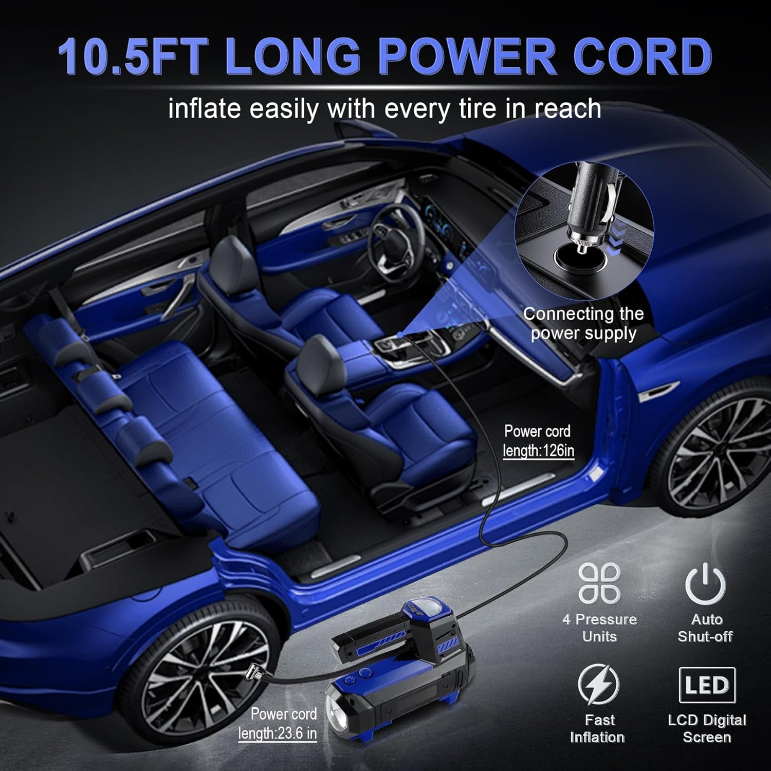 Tire Inflator Portable Air Compressor for Car Tires - Car Accessories, 12V DC Air Pump with Digital Tire Pressure Gauge, Max 150PSI with Emergency LED Lights for Car, Camper, RV, Truck